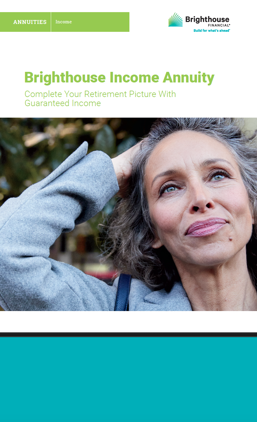 Woman with gray hair looking upward, featured on an annuity brochure cover.