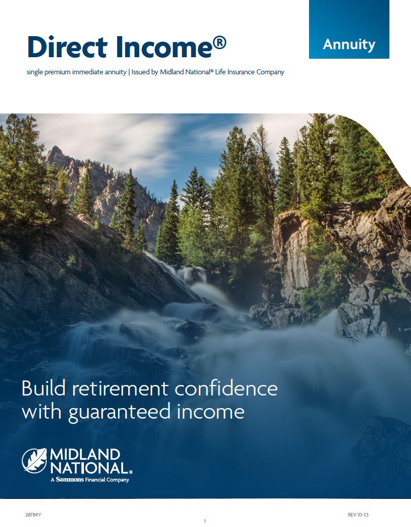 Brochure for Direct Income annuity with a waterfall scene; blue and green hues.