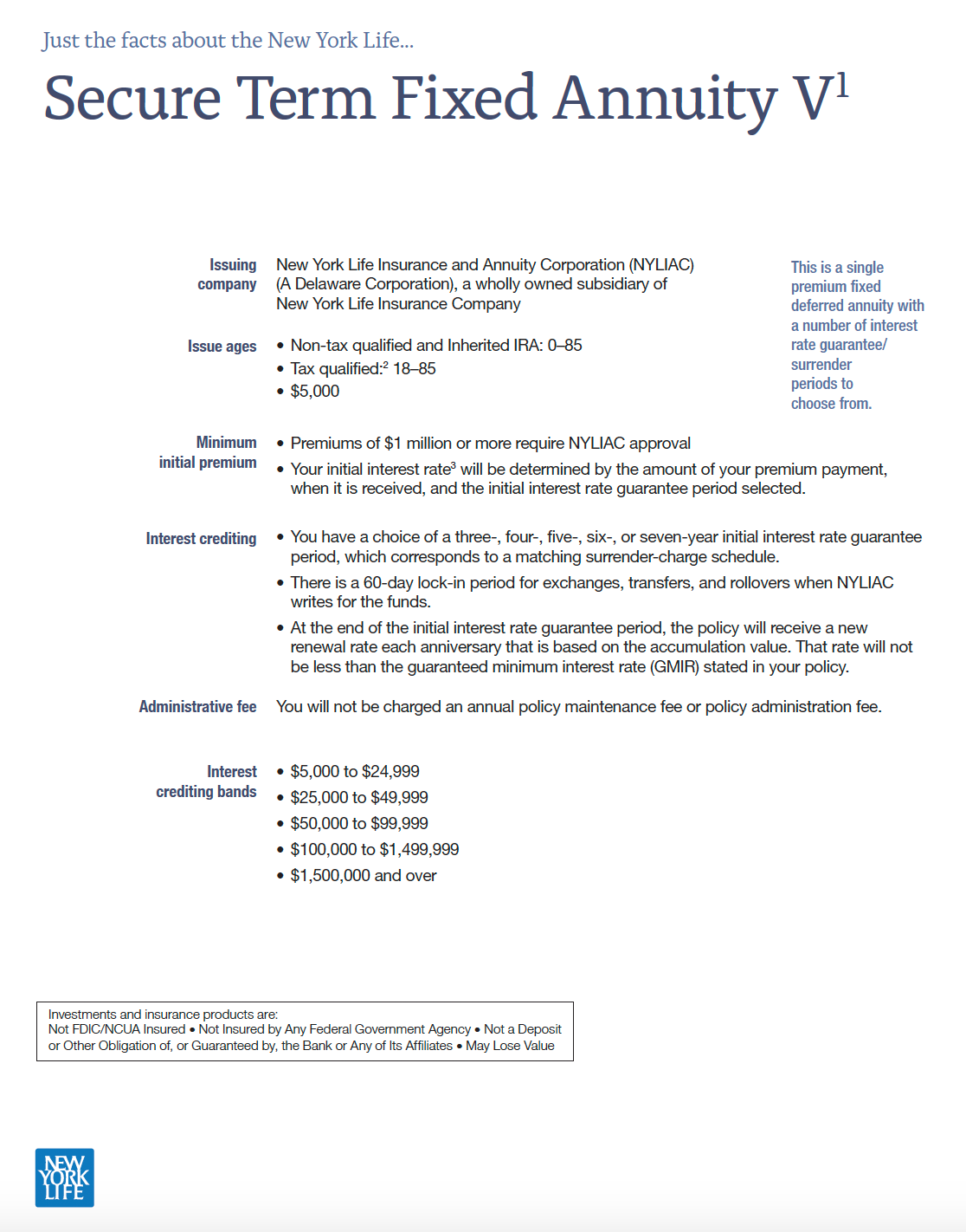 Secure Term Fixed Annuity V¹ fact sheet. Blue text on a white background. Details include benefits, fees, and charges.