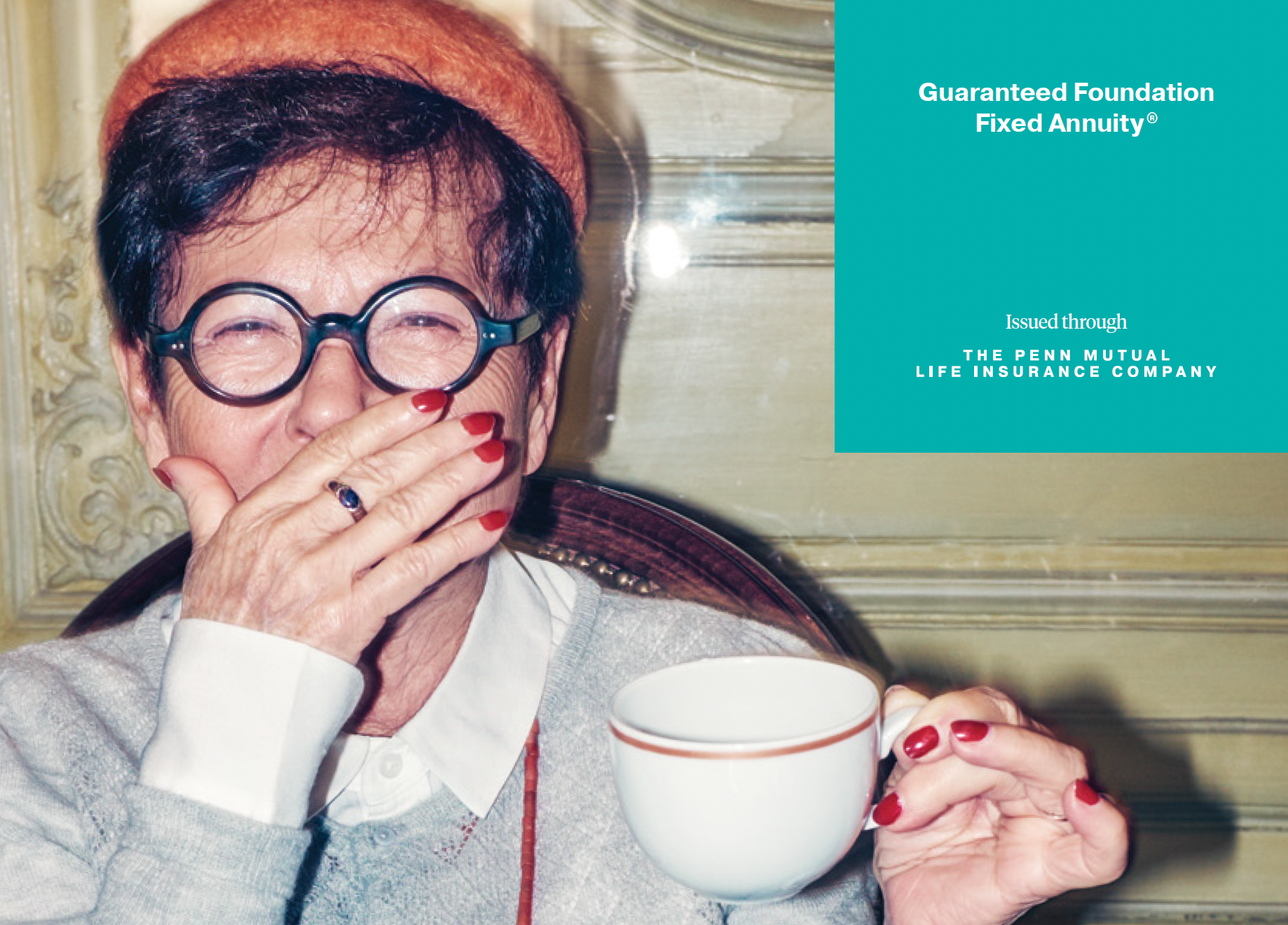 Woman in glasses and hat laughs while holding a cup, ad reads: 