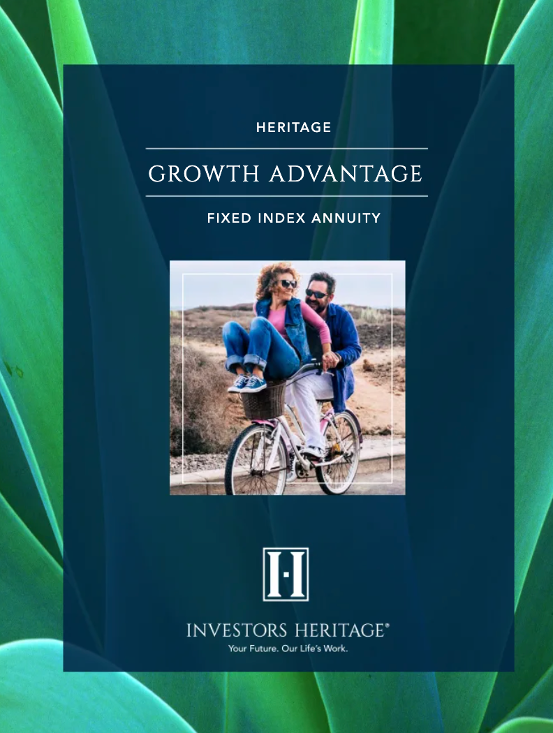 Brochure cover: Couple on bike; Growth Advantage Fixed Index Annuity, dark teal.