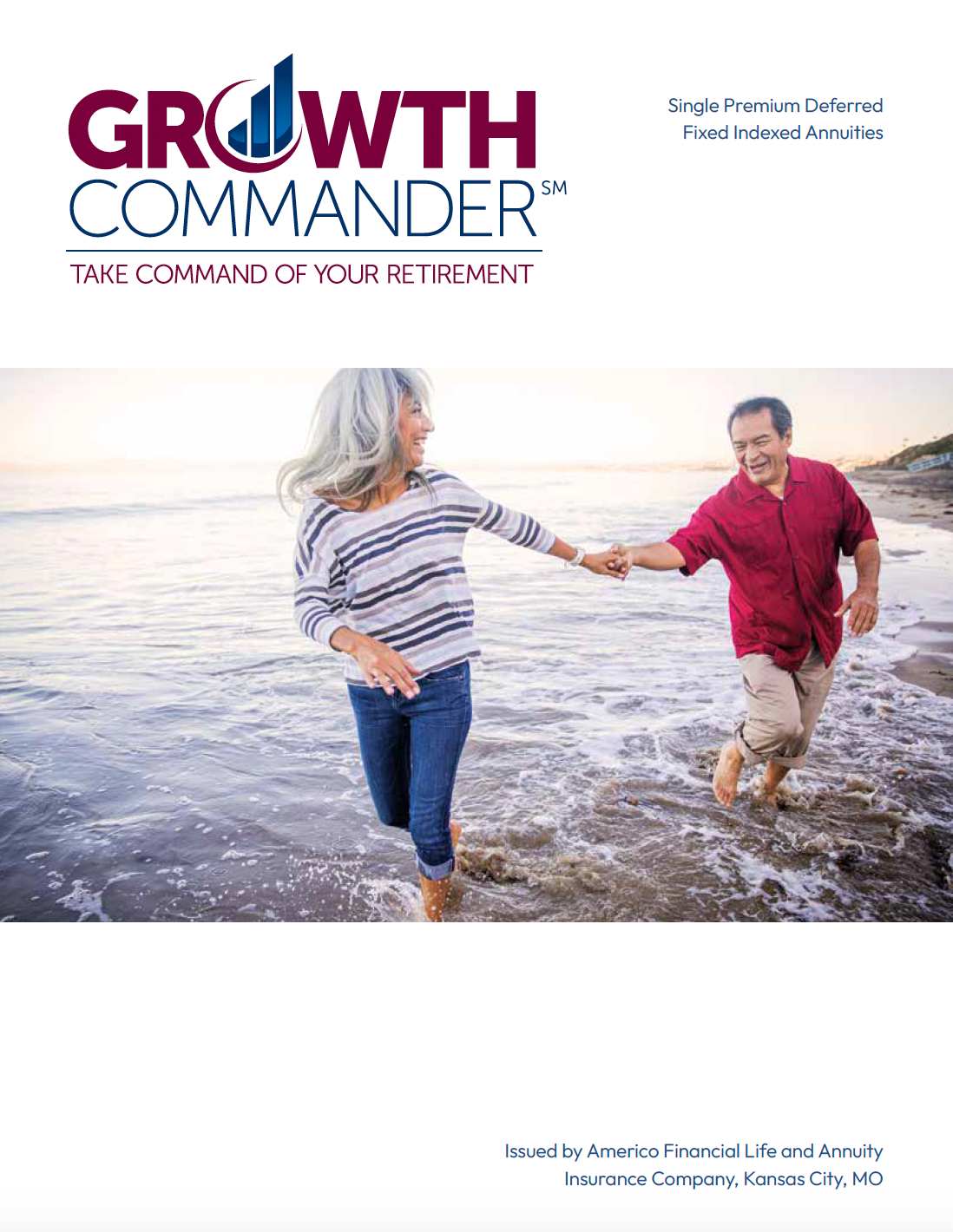 Mature couple running hand-in-hand on beach; advertisement for 