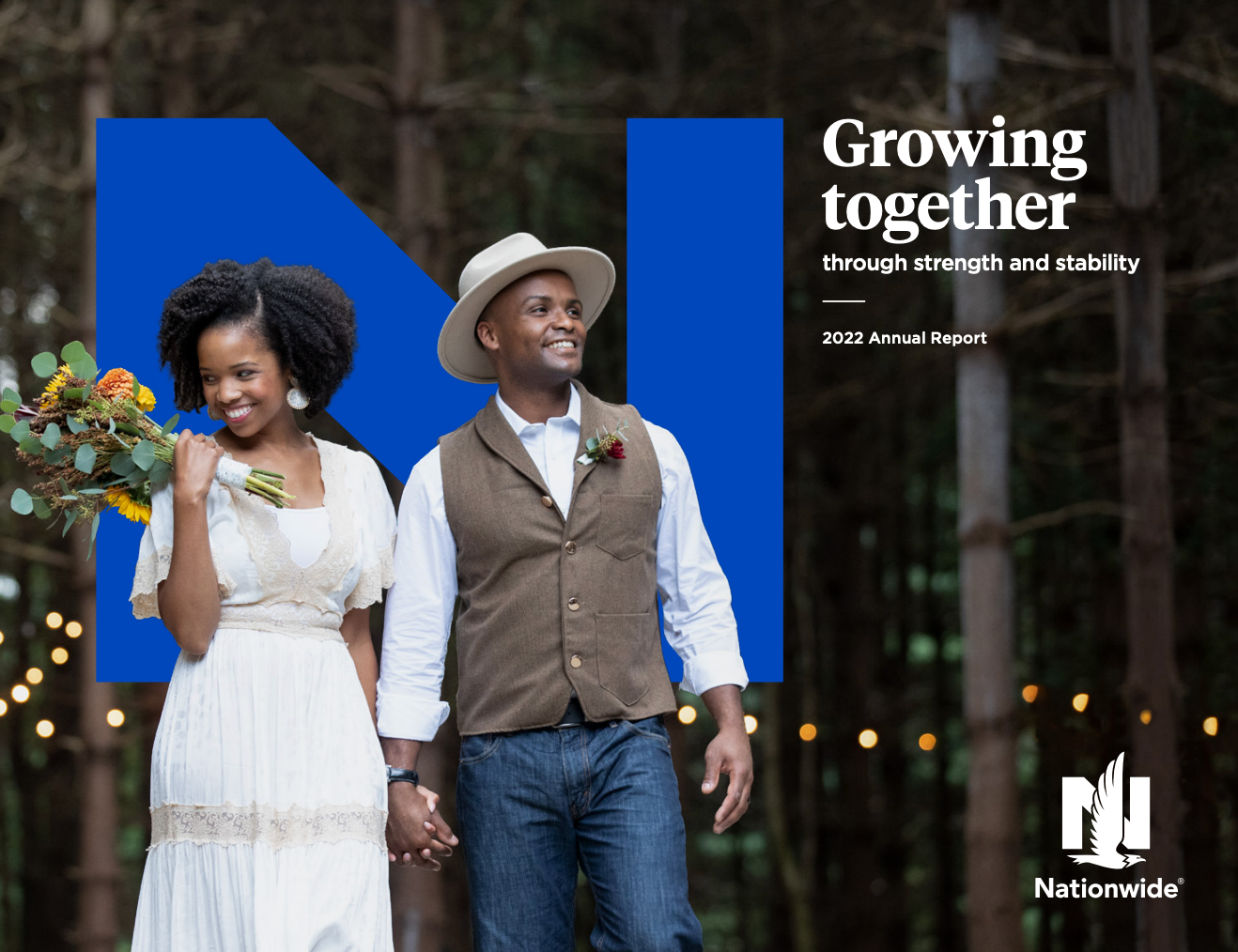 Newlyweds holding hands, smiling, standing in a wooded area. Nationwide logo and text: 