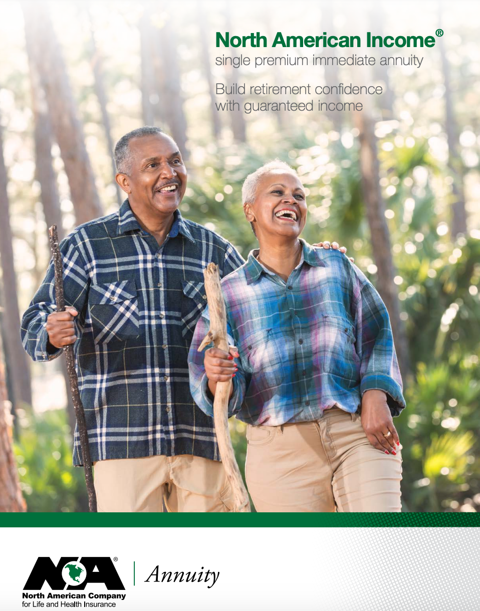 Smiling couple hiking in woods, advertisement for North American Income annuity.