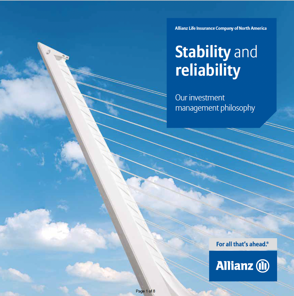 White bridge angled upwards against a blue sky. Allianz logo with text: Stability and reliability.