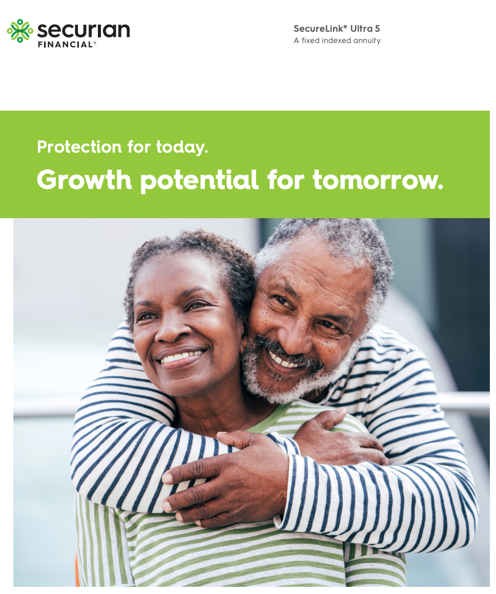 Older couple embraces, smiling. Green bar with text: Protection for today, growth potential for tomorrow. Securian logo.