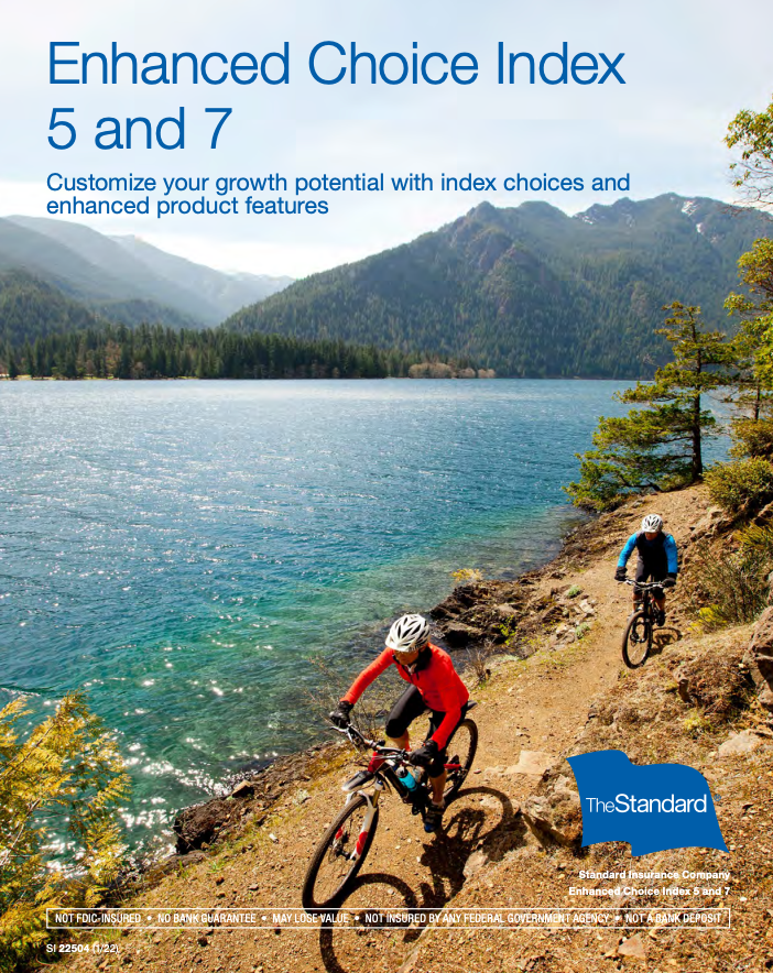 Two mountain bikers on a trail by a lake, promoting Enhanced Choice Index 5 and 7 from The Standard.