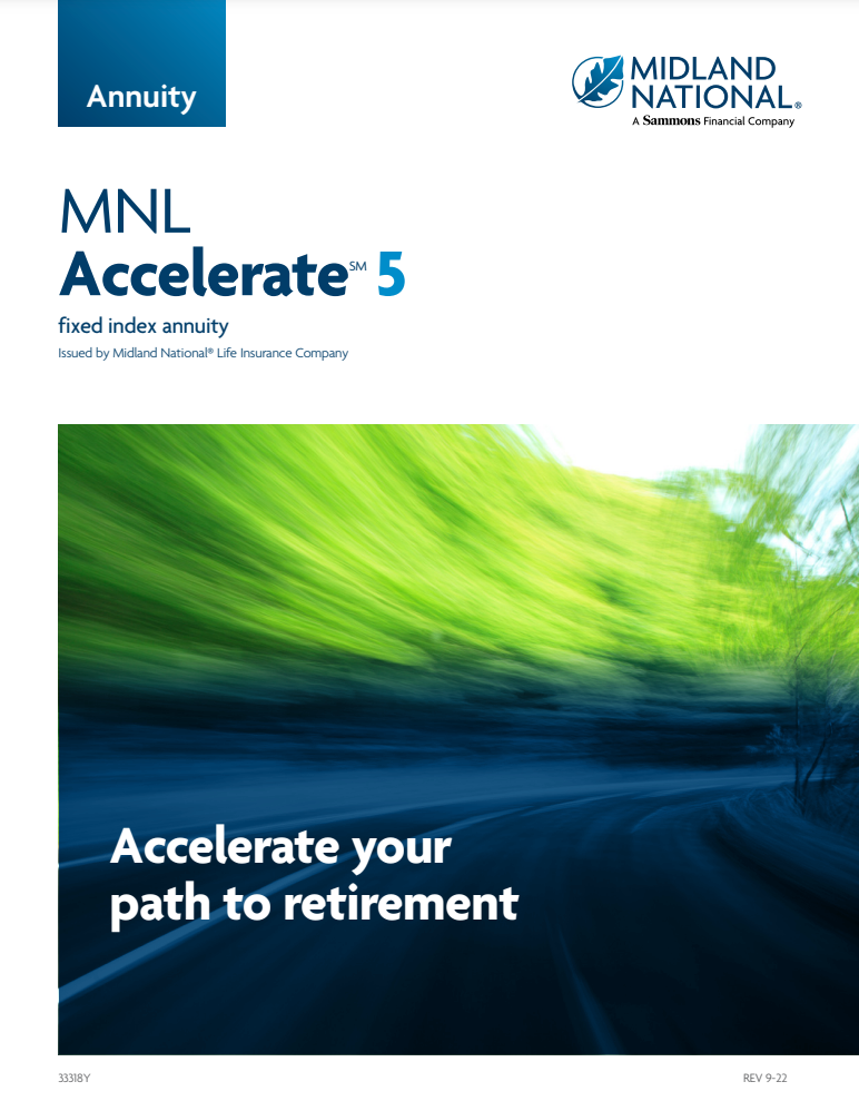 MNL Accelerate 5 annuity brochure, with a blurred road leading to retirement.