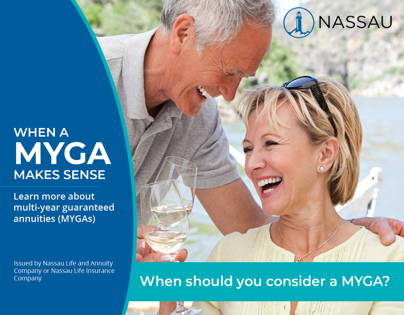 Smiling couple with glasses of wine, promotion for multi-year guaranteed annuities (MYGAs) from Nassau.