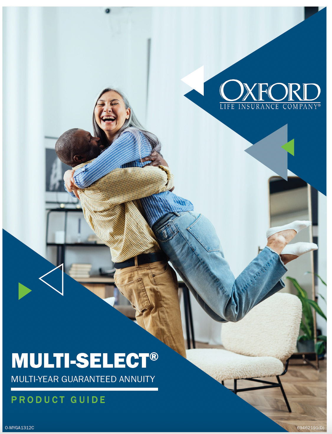 Smiling couple embracing, featured on a product guide cover for Oxford Life Insurance. Blue and white design.