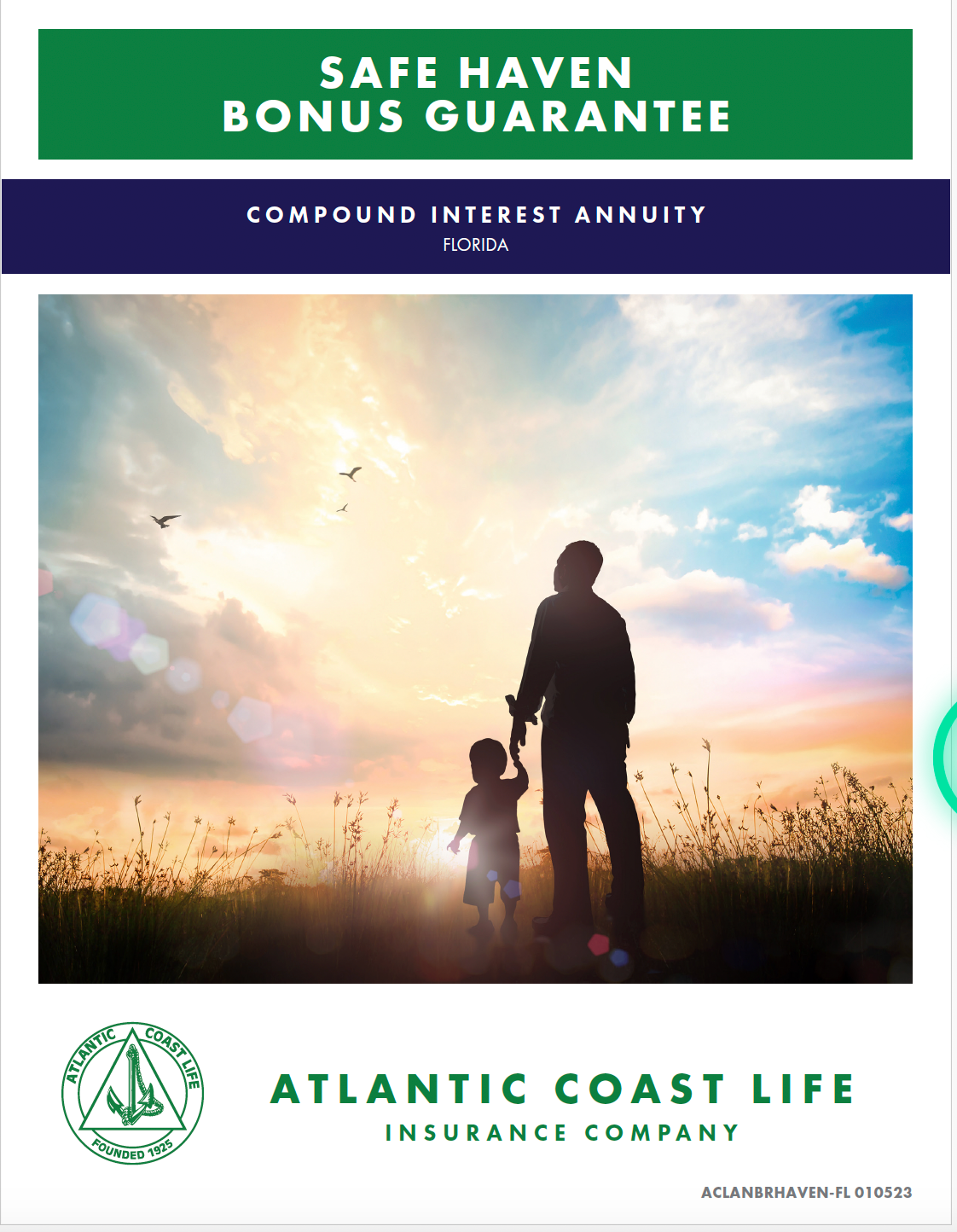 Safe Haven Bonus Guarantee document cover. Father and child walking toward sunset. Atlantic Coast Life Insurance Company logo.