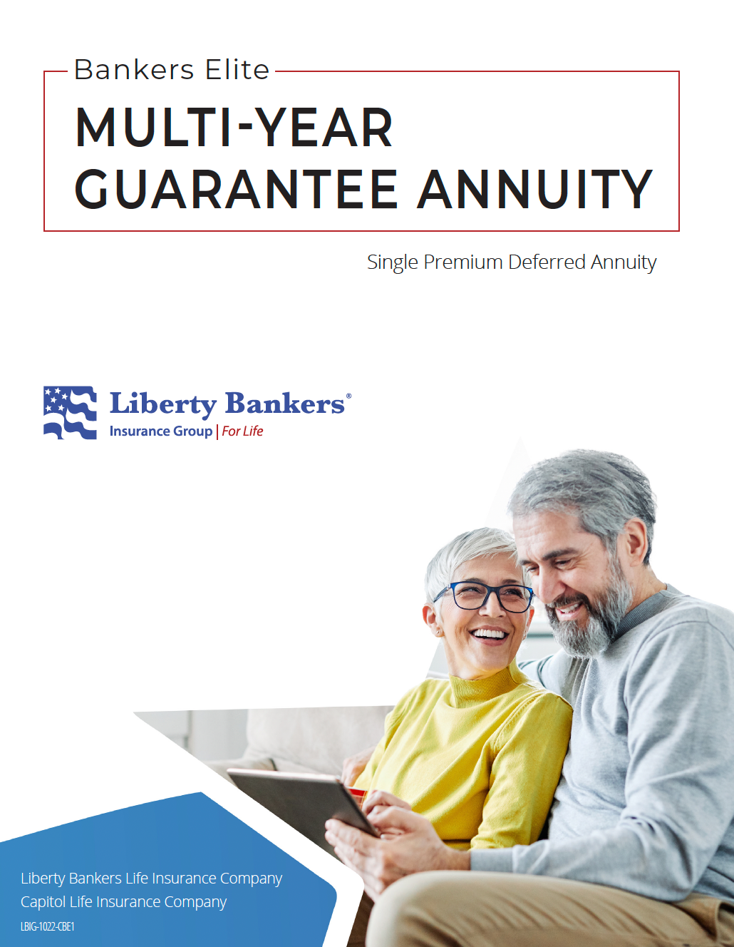 Cover of a Liberty Bankers' Multi-Year Guarantee Annuity brochure with an older couple smiling while looking at a tablet.