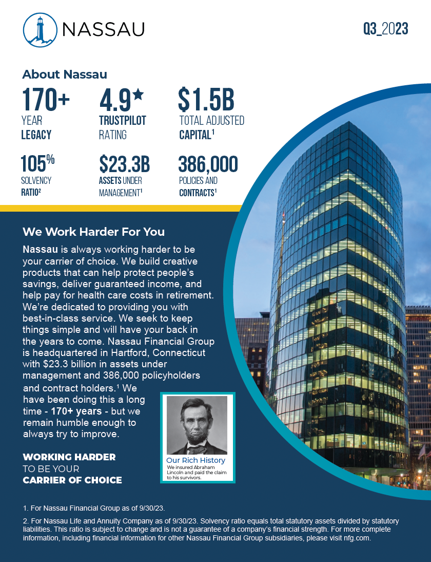 Promotional flyer for Nassau, a financial services company, featuring stats, a photo of a building, and a portrait.