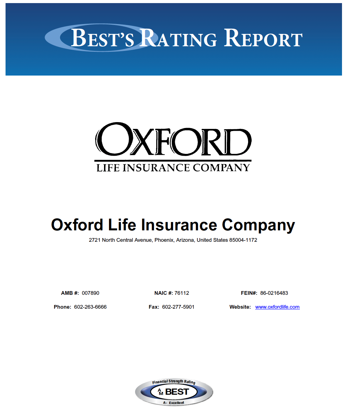 Oxford Life Insurance Company report cover. Features the company logo and 