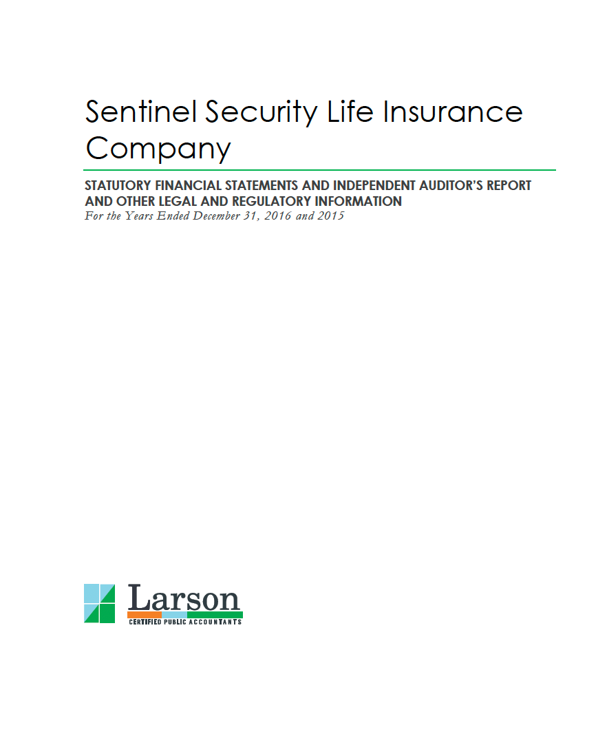 Document cover: Sentinel Security Life Insurance Company, Larson Financial logo.