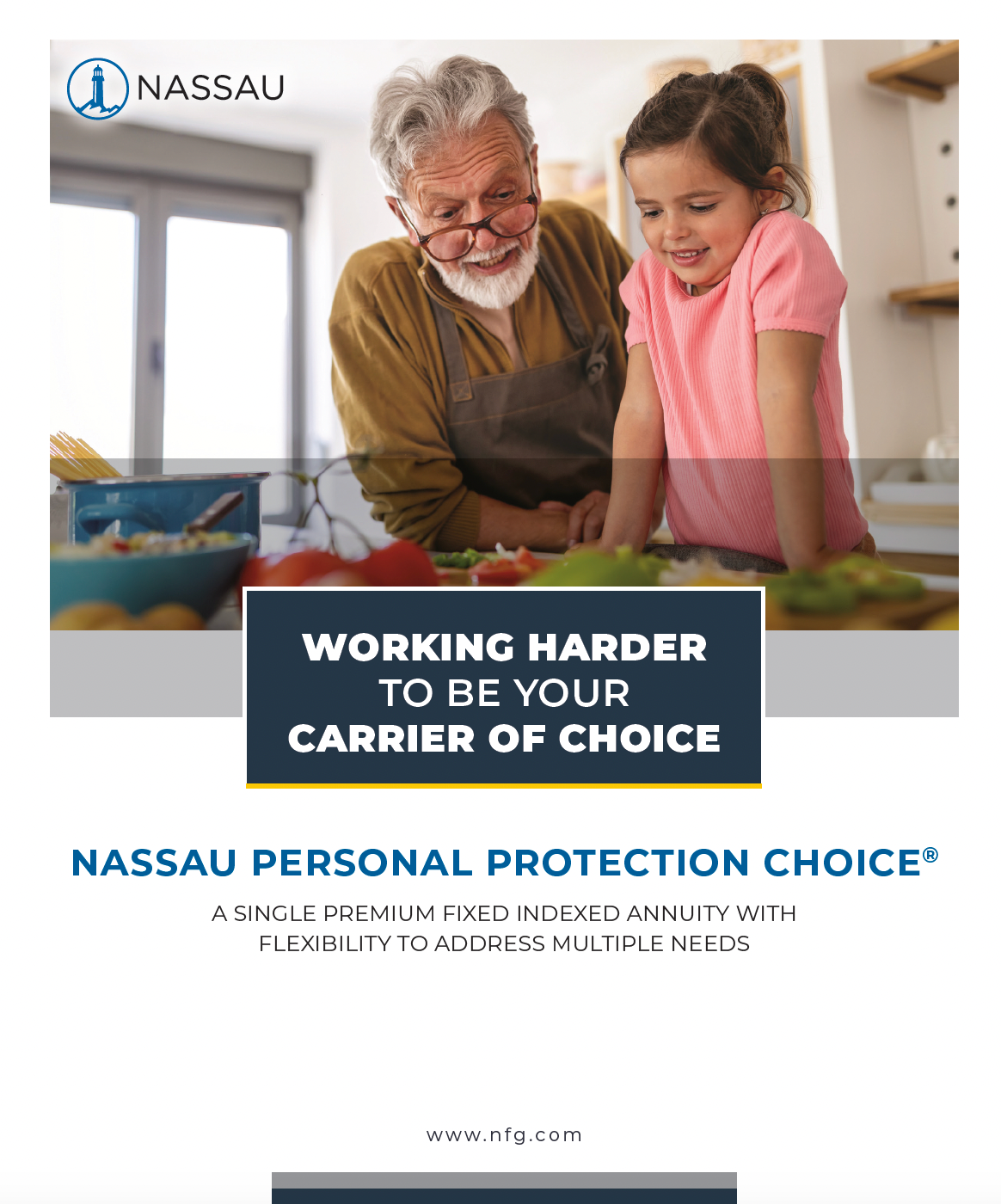 Grandfather and granddaughter cooking in kitchen. Nassau Personal Protection Choice advertisement.