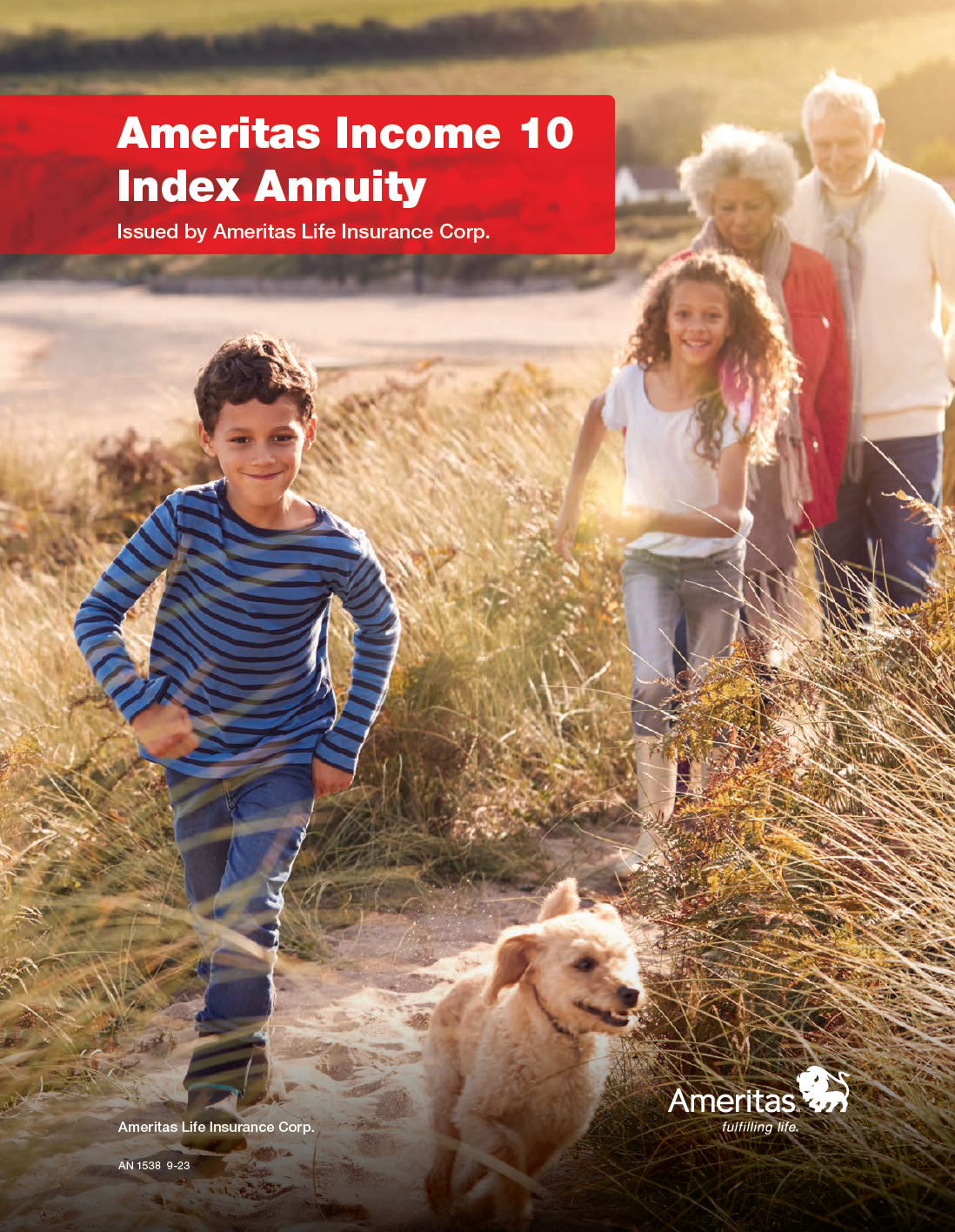 Ameritas Income 10 Index Annuity ad: Family walking path, sunny day. Boy, girl, grandparents, dog.