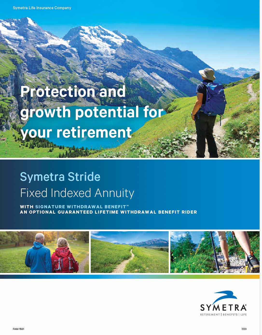 Brochure cover: hiker on mountain path; Symetra Stride Fixed Indexed Annuity advertisement; retirement planning.