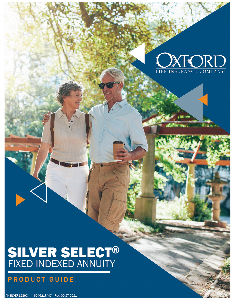 Older couple walks outdoors; ad for Oxford Silver Select fixed indexed annuity.