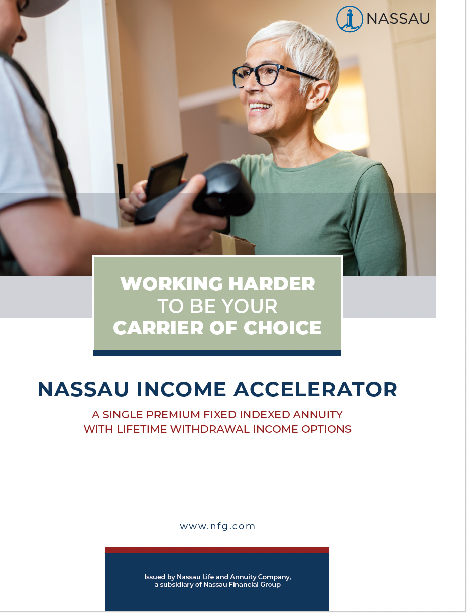 An older woman smiling, using a device held by a person. Nassau Income Accelerator brochure cover.