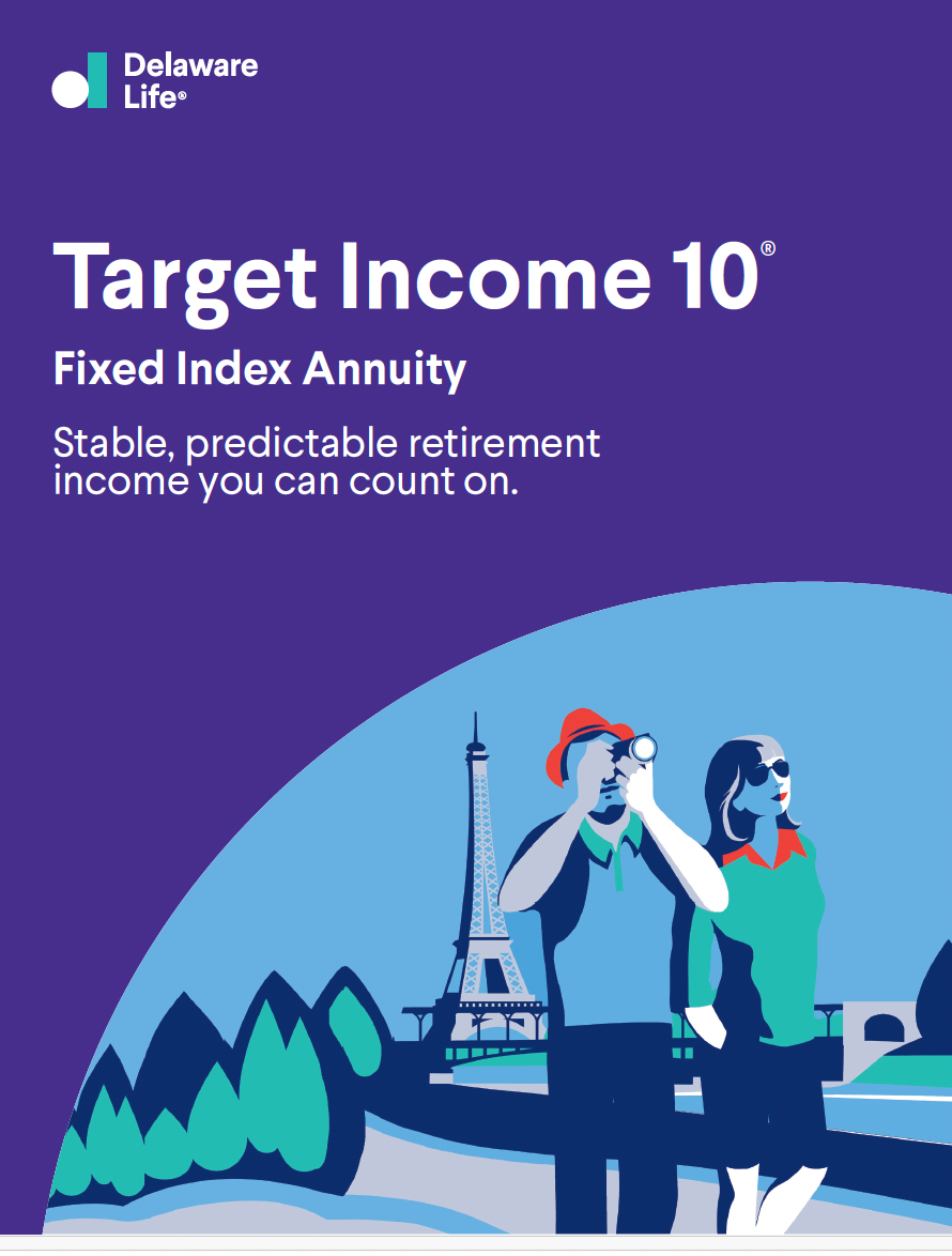 Cover of a brochure for Delaware Life Target Income 10 fixed index annuity. Features a couple with binoculars in front of Eiffel Tower.