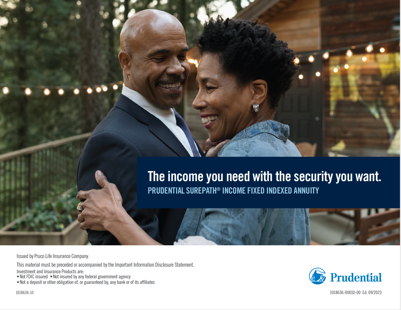 Older couple dancing outdoors, smiling; Prudential ad.