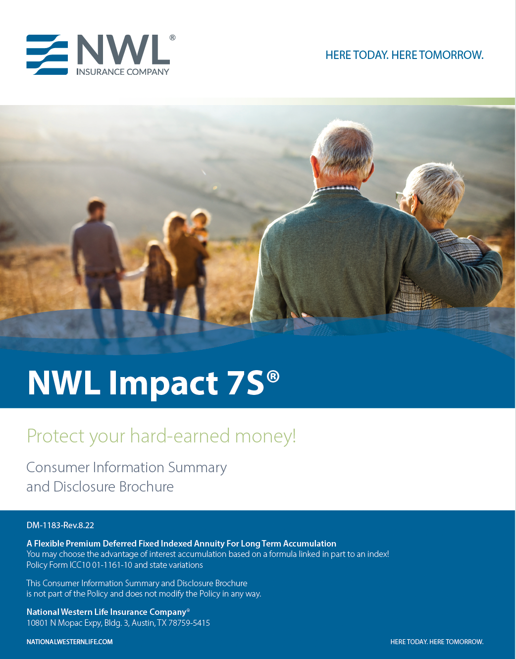 NWL Impact 7S® consumer information: elderly couple, family in background. Blue banner, landscape setting.