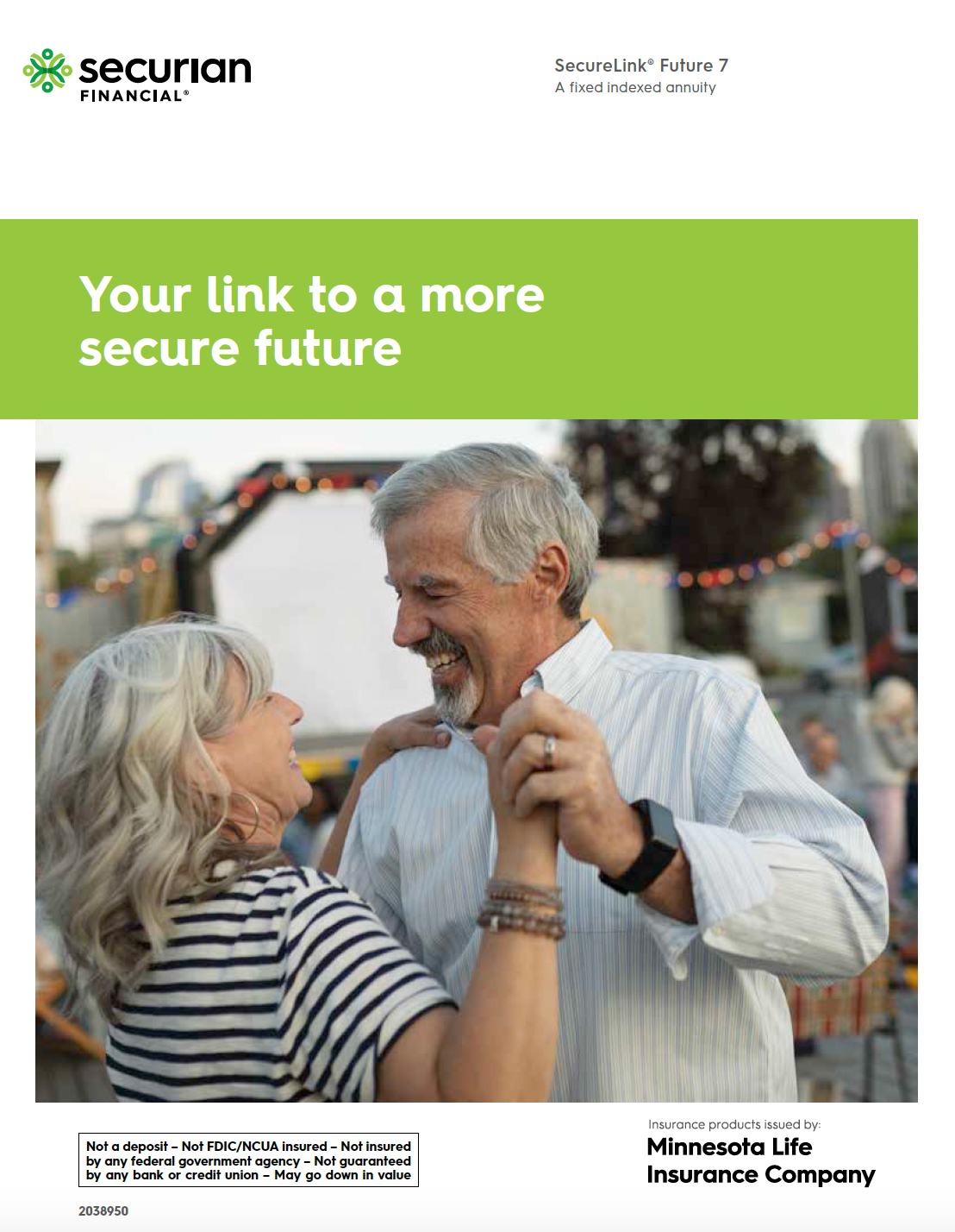 Smiling senior couple dancing outdoors, with a green and white branded brochure promoting a secure future.