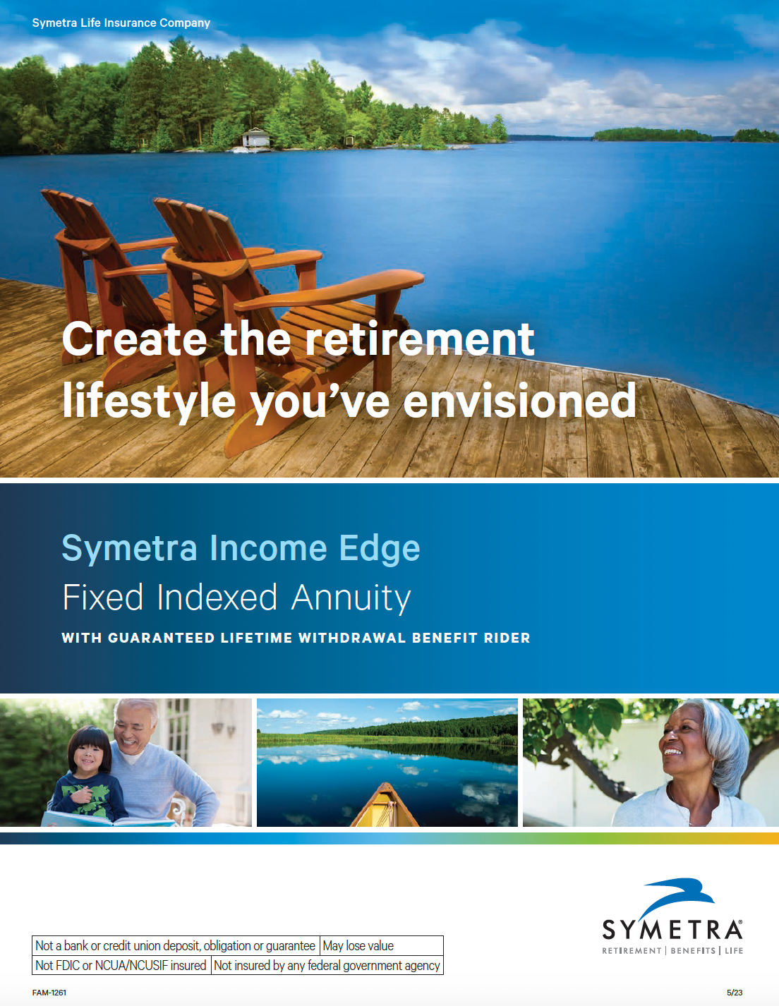 A lakeside retirement ad: Adirondack chairs, blue water, and people enjoying life. 