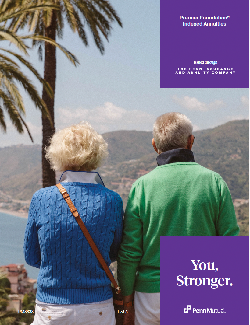 Older couple, blue and green sweaters, gazing at coastal view. Promotional material for financial services.