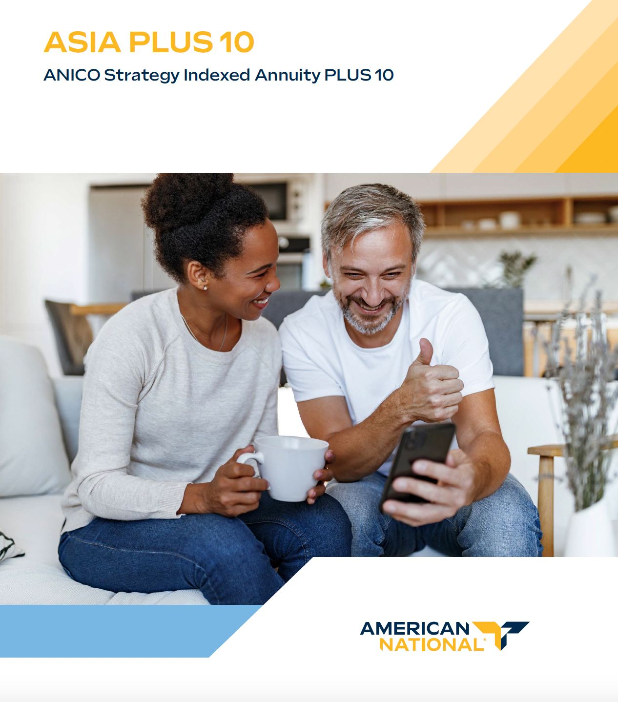 Cover: Asian couple looking at phone, enjoying coffee. American National logo.