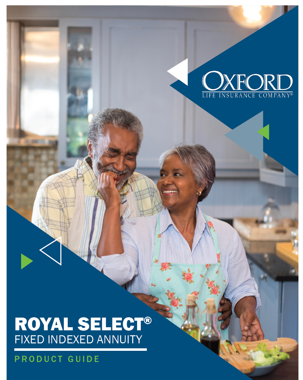 Cover: Elderly couple in kitchen with annuity guide; blue, white, and green branding of Oxford Life, Royal Select annuity.