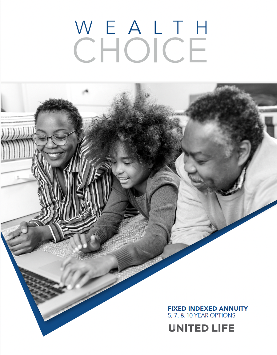 Family looking at a laptop; cover art for United Life Wealth Choice fixed indexed annuity.