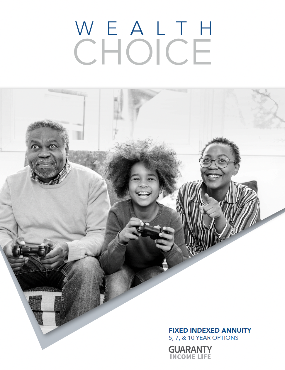 Family playing video games with Wealth Choice cover.