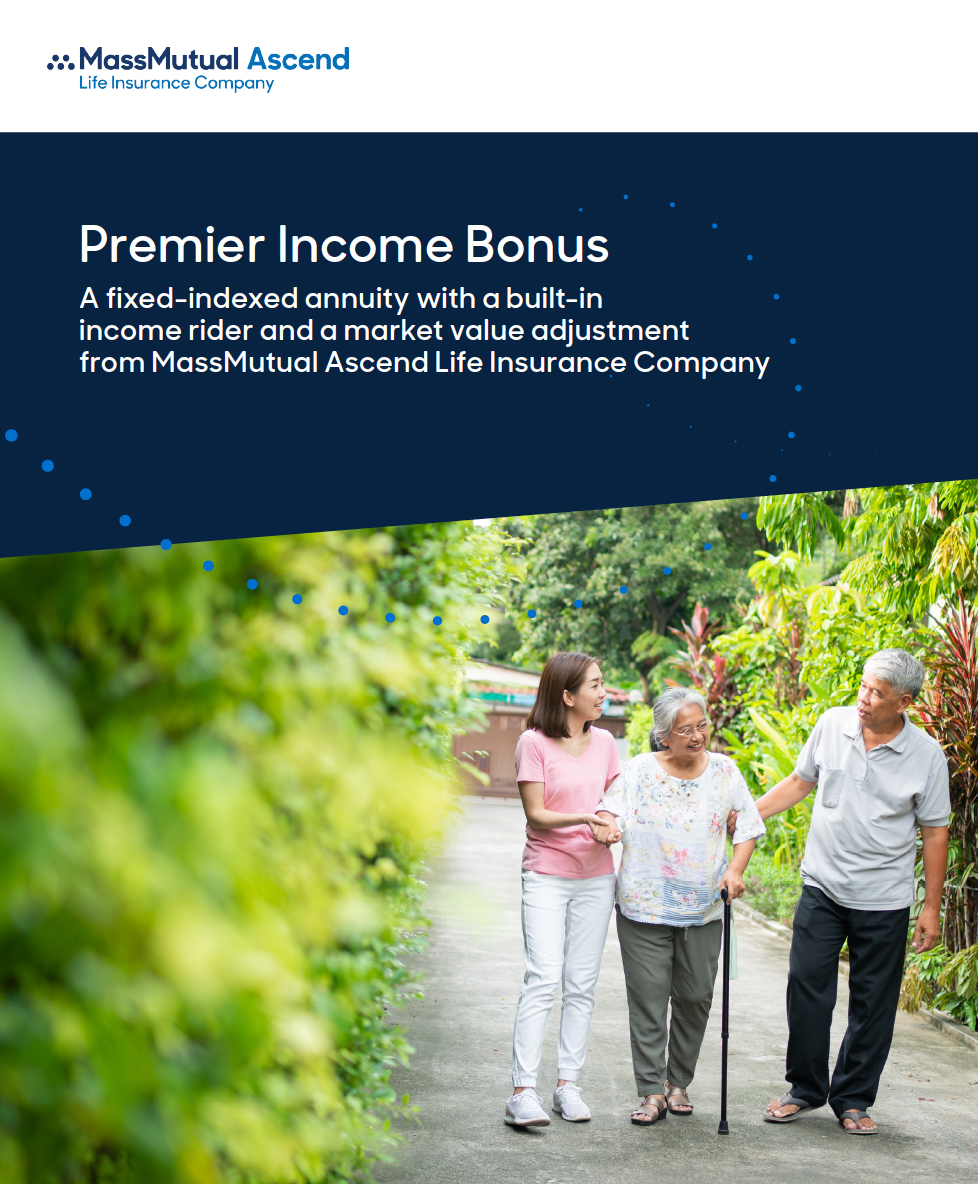 Flyer for a MassMutual Ascend annuity. It depicts an elderly couple walking with a younger woman on a pathway.