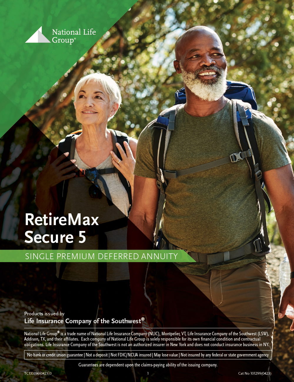 Older couple hiking outdoors with backpacks; RetireMax Secure 5 advertisement.
