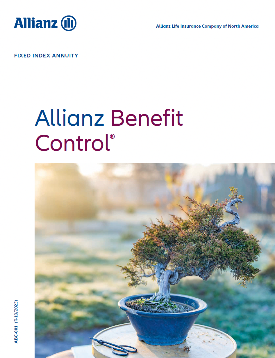 Allianz Benefit Control brochure. Bonsai tree on a table, with a garden in the background.