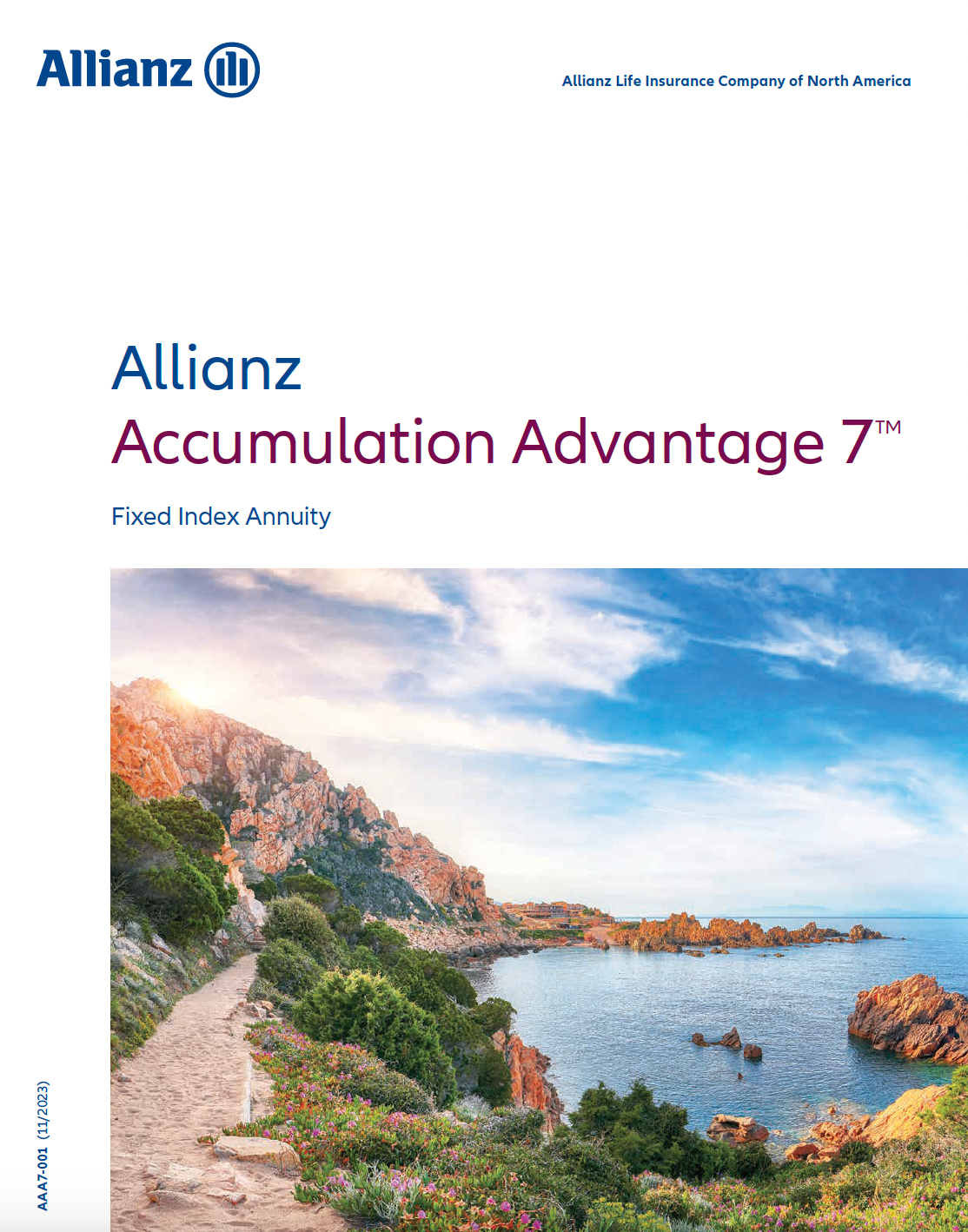 Allianz Accumulation Advantage 7 fixed index annuity brochure with scenic coastal path and blue sky.