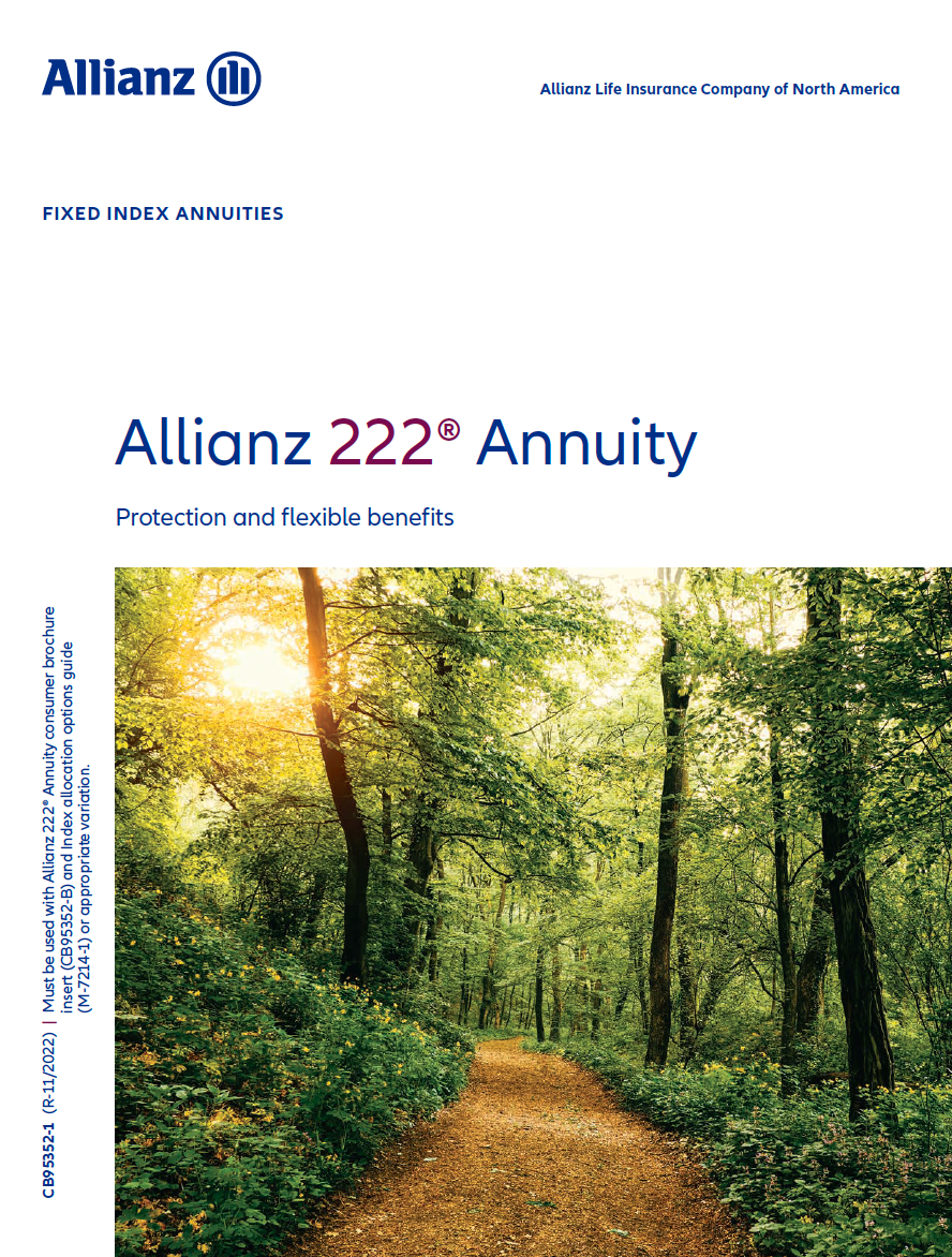 Brochure cover for Allianz 222 annuity; path through forest with sun shining through trees.