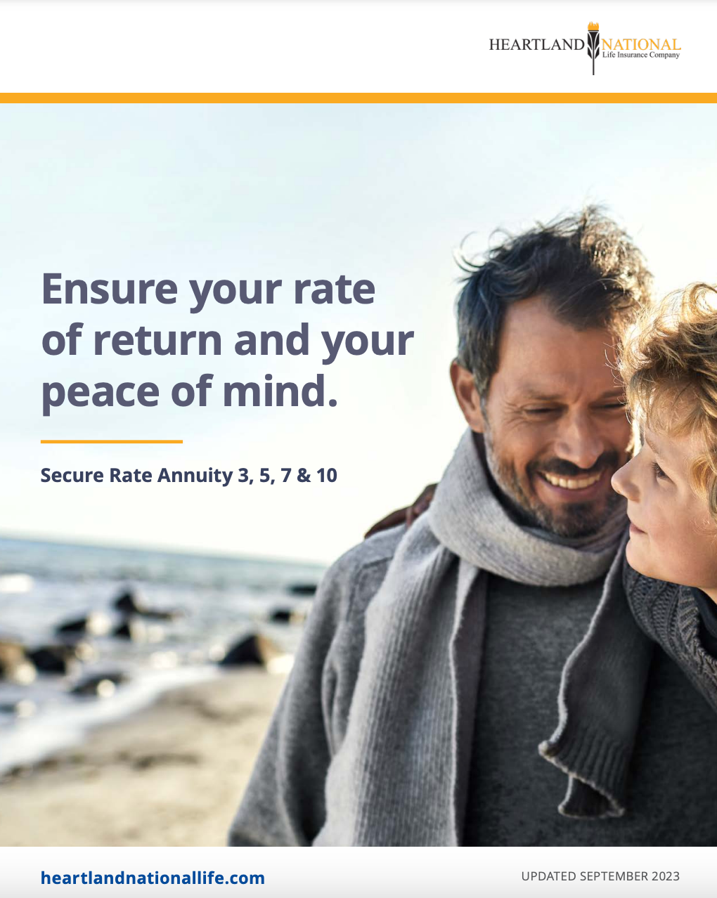 Man and child on a beach smiling, text: 