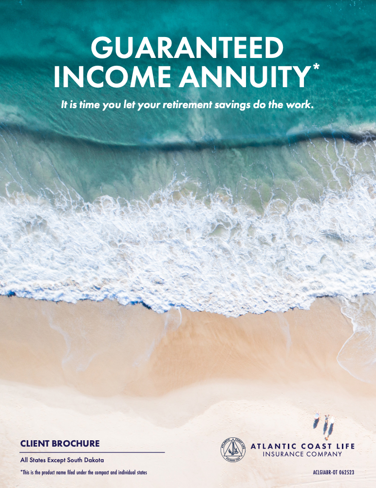 Brochure: Guaranteed Income Annuity, ocean background. Atlantic Coast Life Insurance.