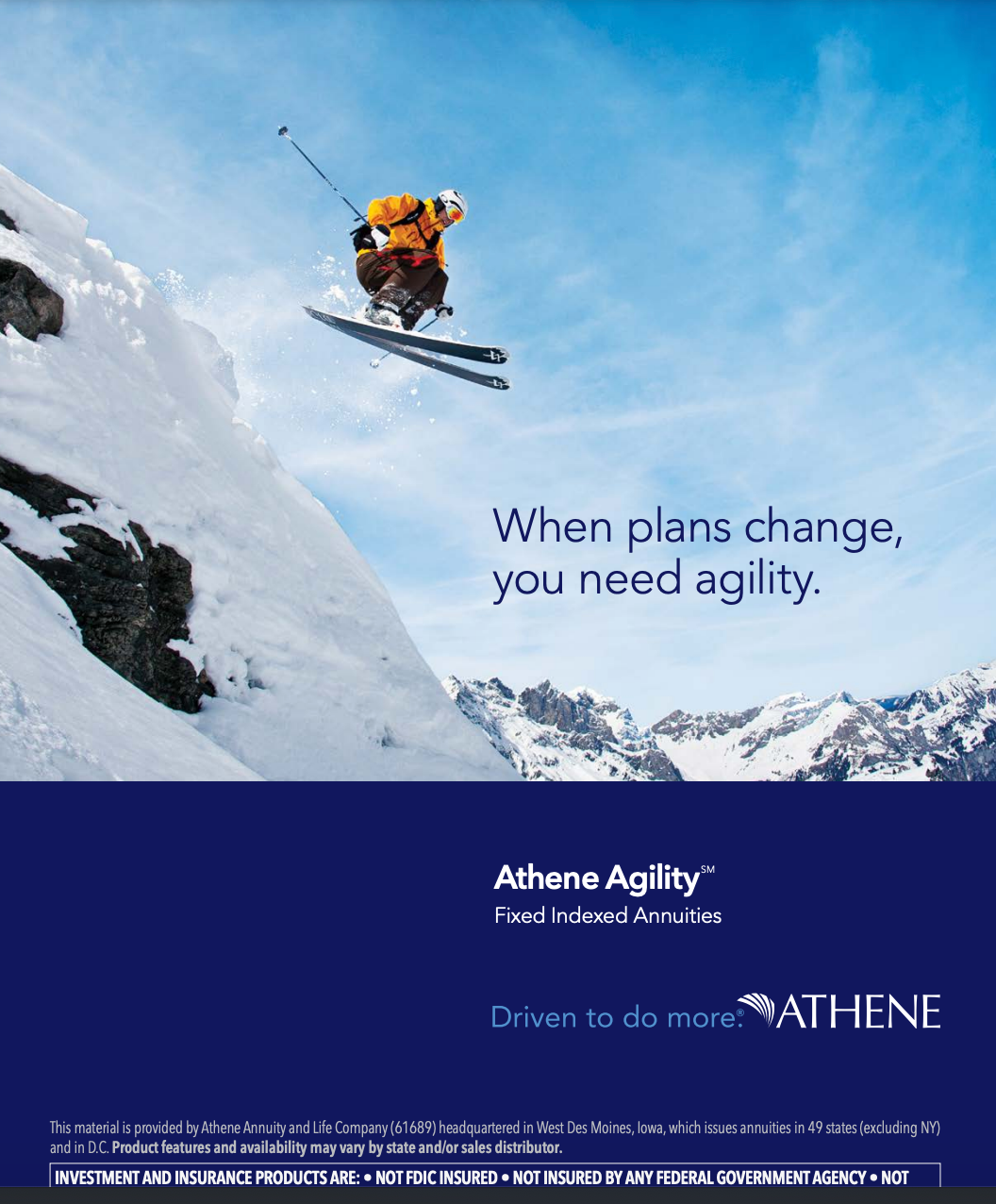 Skier jumping off a snowy cliff. Text: 