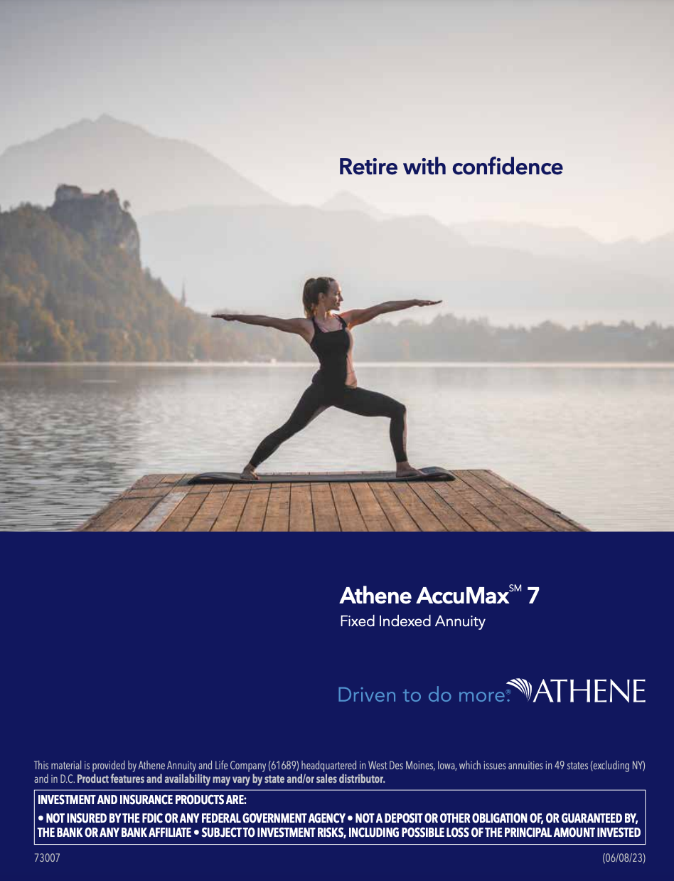 Woman doing yoga on a dock, lake and mountains in the background. Athena AccuMax 7 ad, 
