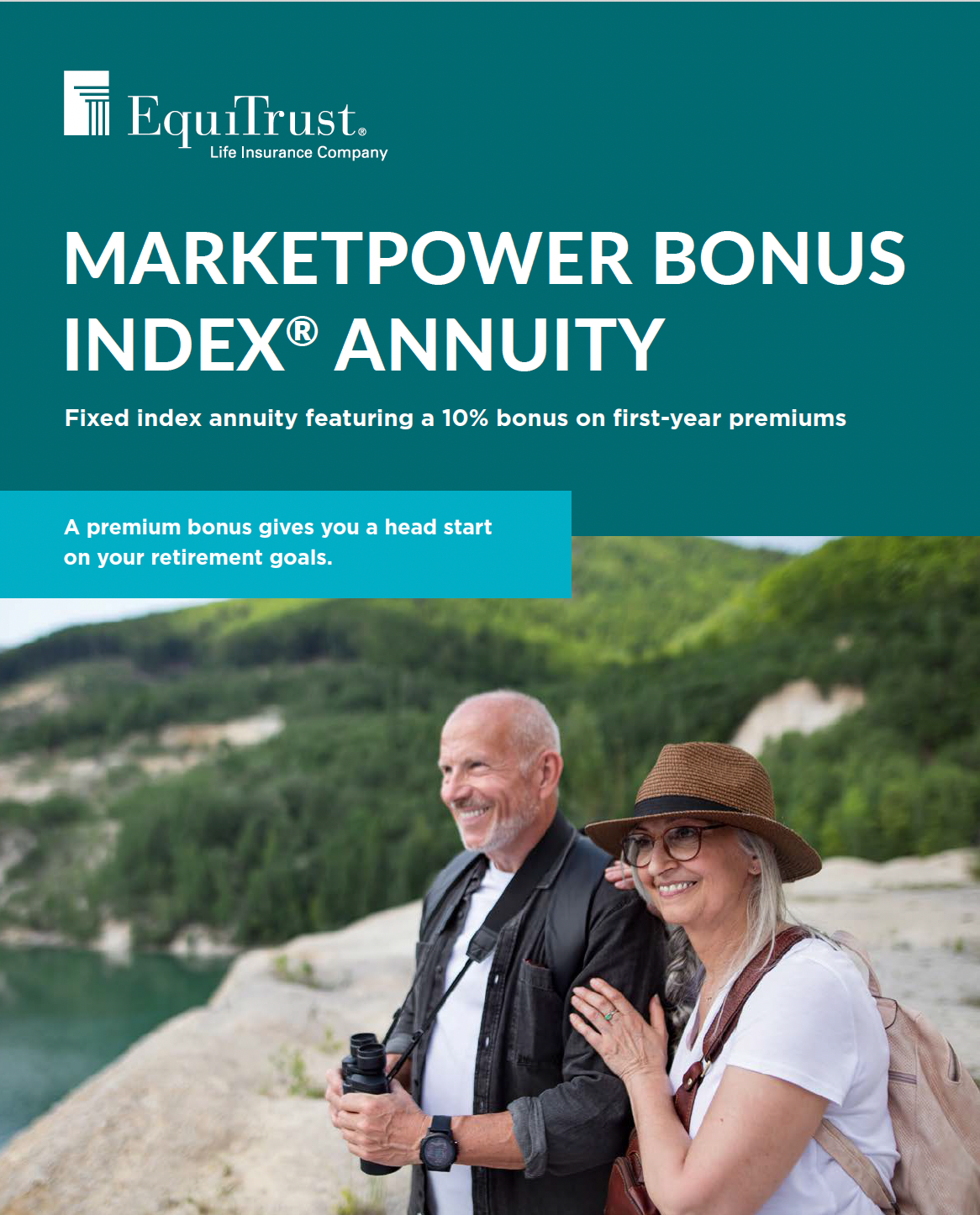 Cover of a brochure: EquiTrust Marketpower Bonus Index Annuity. Couple overlooking a lake, text, green background.