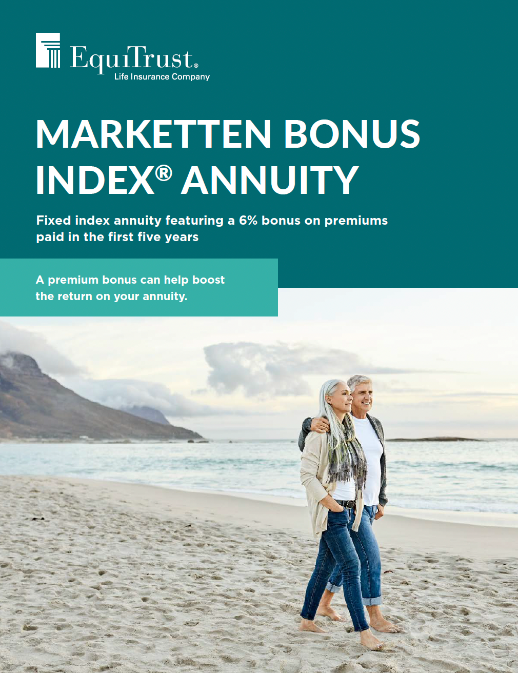 EquiTrust Marketten Bonus Index annuity ad: couple on beach, teal background, text about bonuses.
