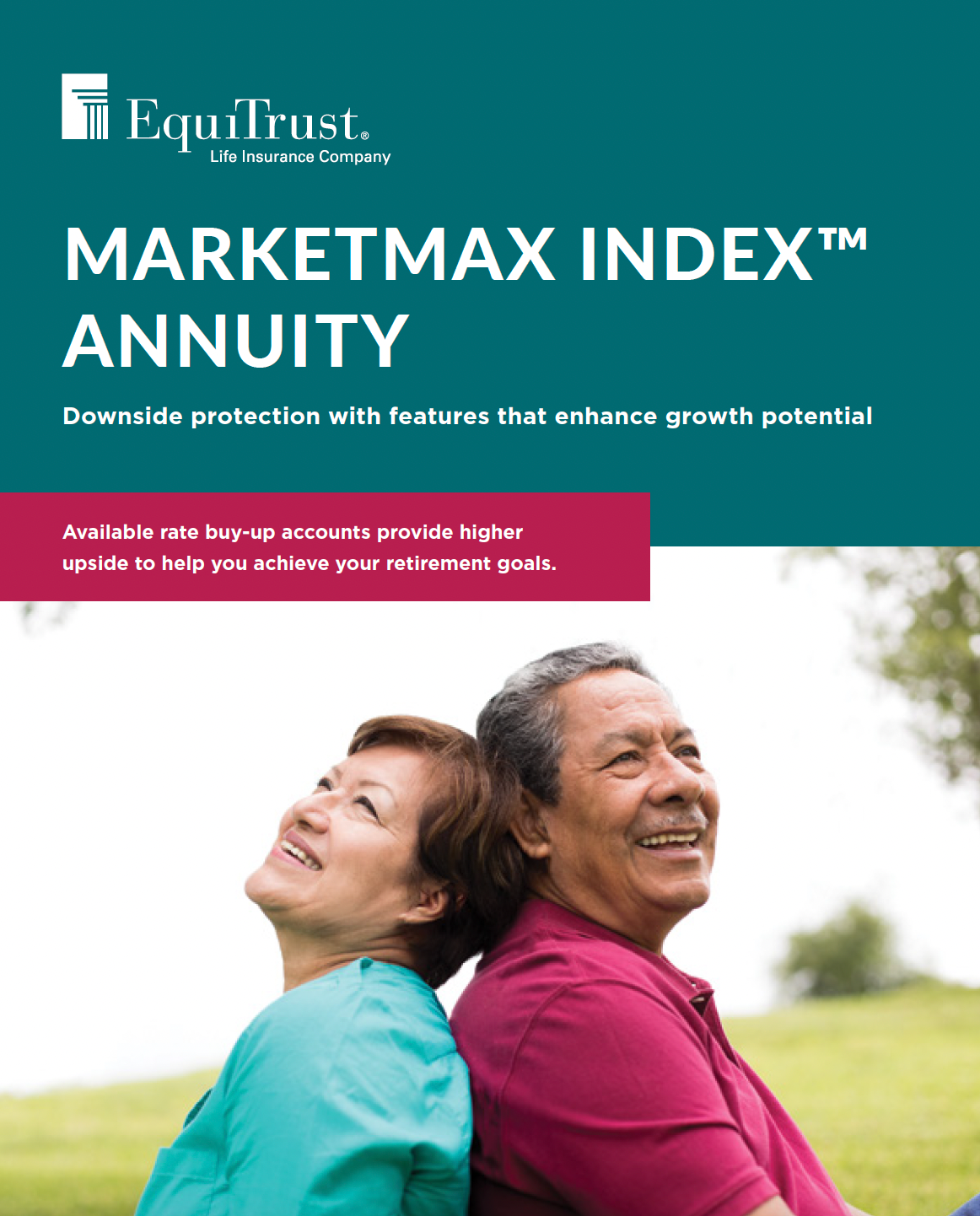 Smiling couple looking up, MarketMax Index Annuity advertisement.