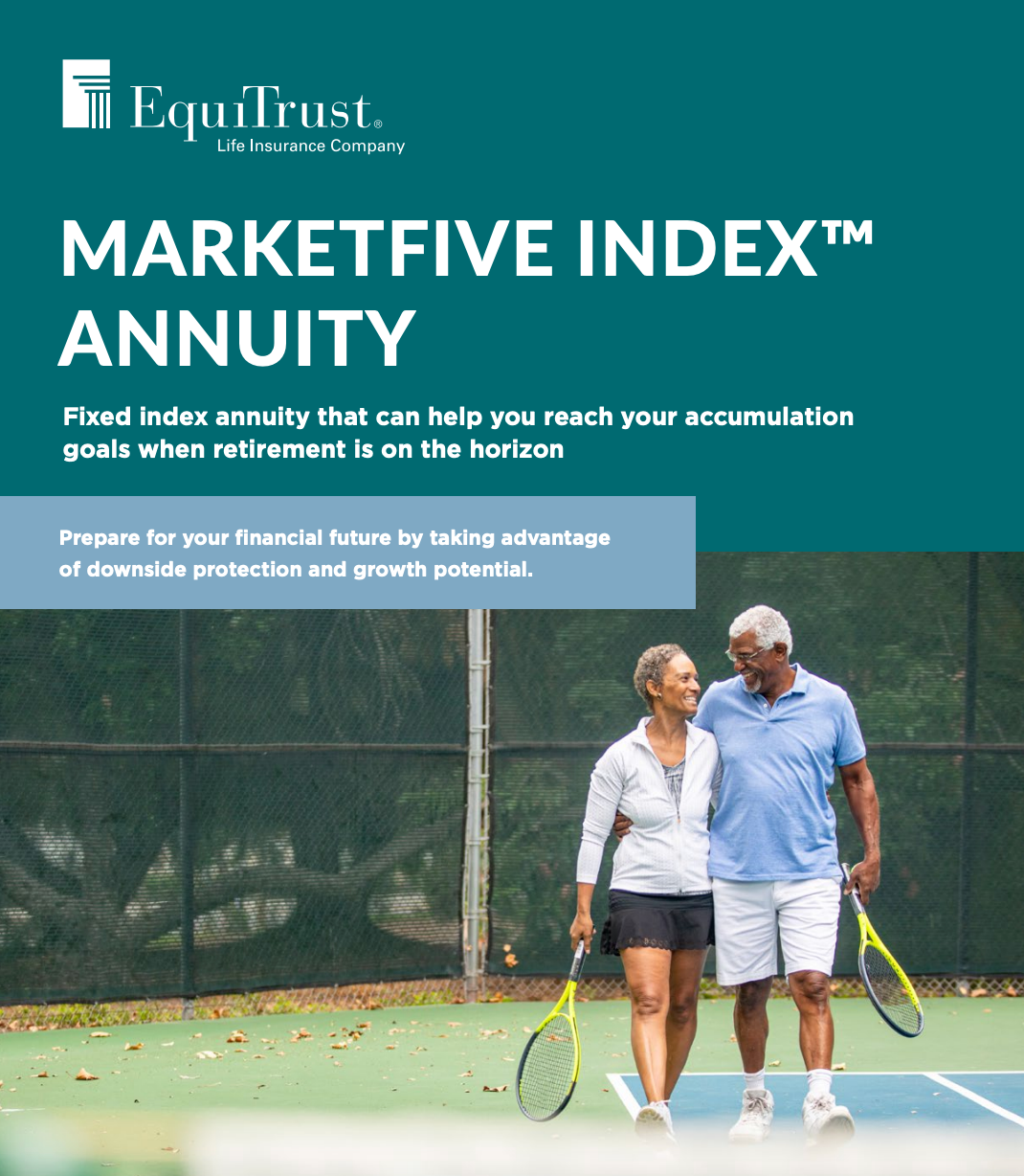 Brochure cover: EquityTrust annuity with a couple on a tennis court.