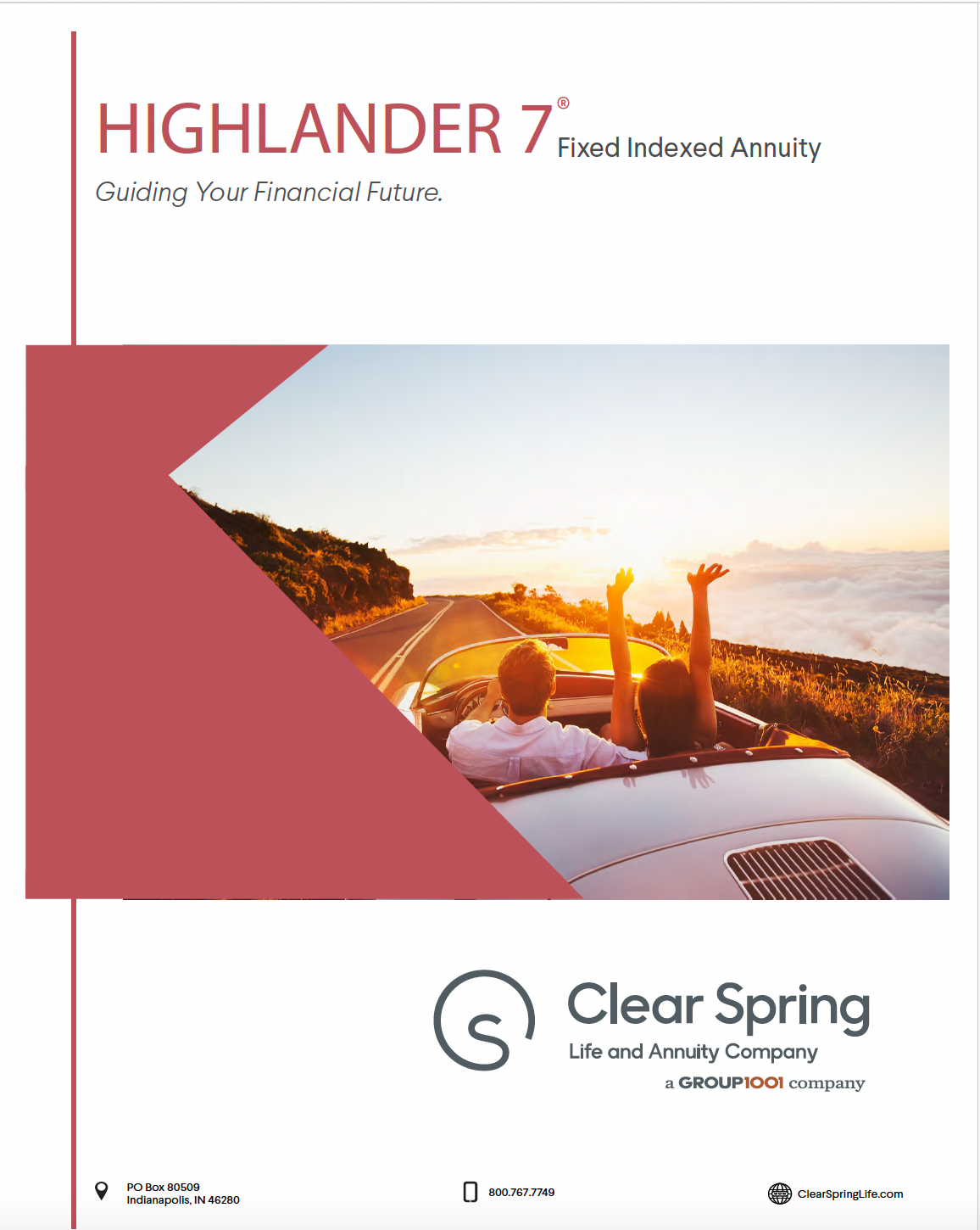 Highlander 7 fixed indexed annuity brochure cover: couple in convertible, road trip; red and white design.