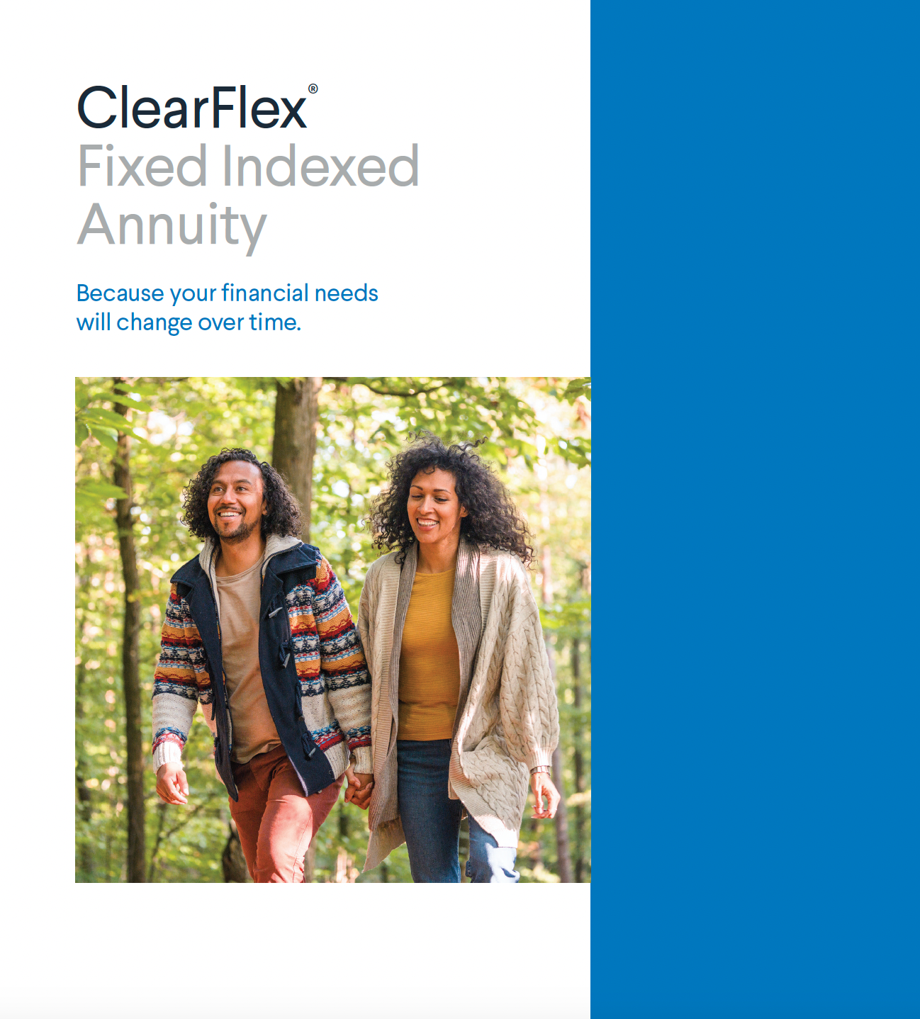 Cover of a ClearFlex Fixed Indexed Annuity document: A smiling couple walks in a forest. Blue and white design.