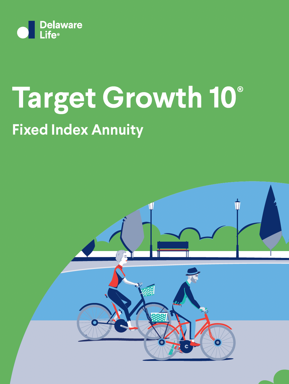 Cover for Delaware Life's Target Growth 10 annuity. Two people on bikes, green and blue background.